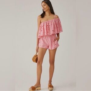 NWT La Fuori x Anthropologie One Shoulder Eyelet Pink Romper Size M Coral Lined